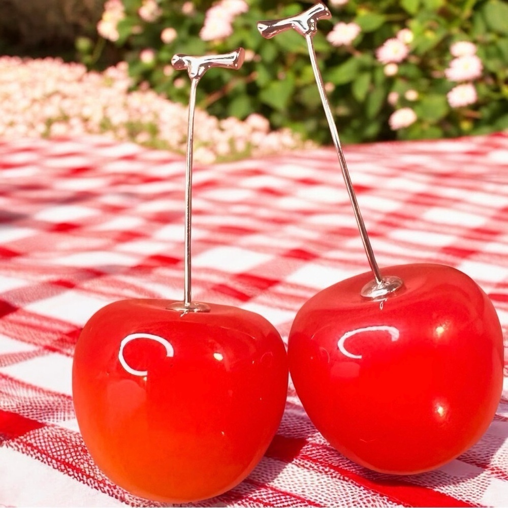 NEW Glossy Summer Red Cherry Drop Earrings with 925 Sterling Silver Pins